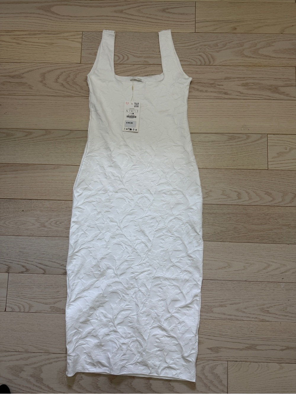 Zara White Textured Square-Neck Midi Dress